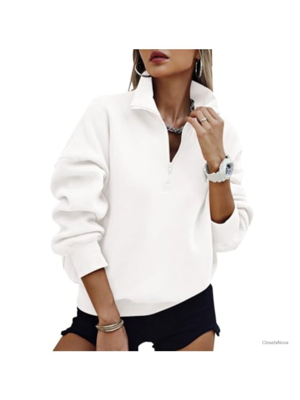 Fleece Lined Half Zip Oversized Sweatshirt Stand Collar Pullover